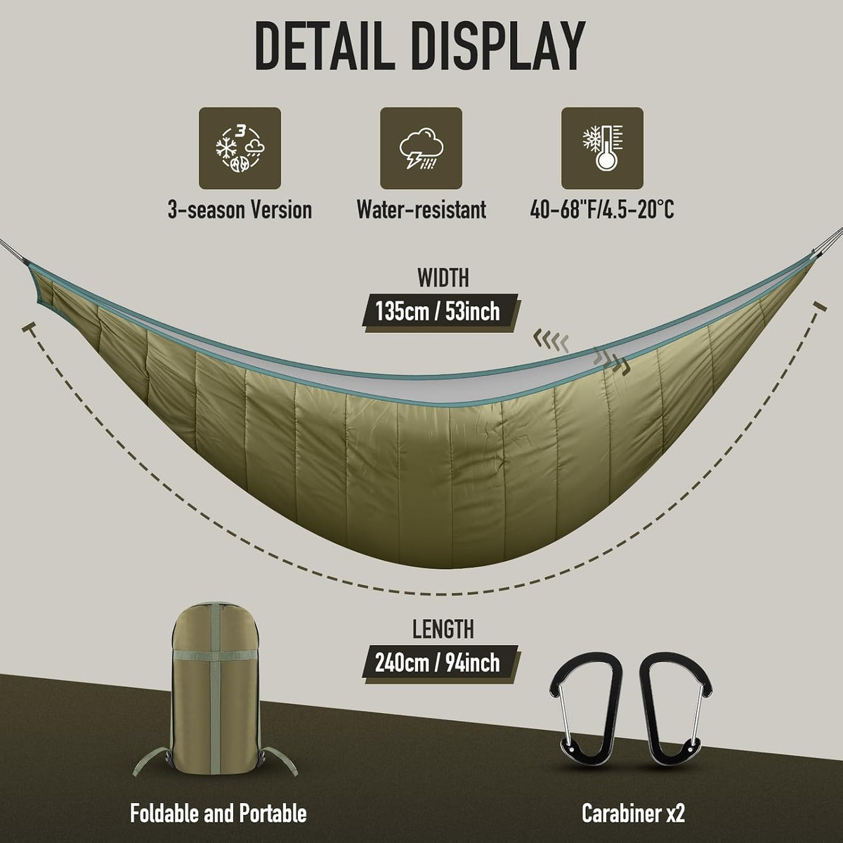 Hammock Underquilt, Insulated Camping Quilt for Warm Sleeping, Easy to Setup and Packable for Camping, Hiking, Travel, Beach, Backyard, Patio (Army Green)