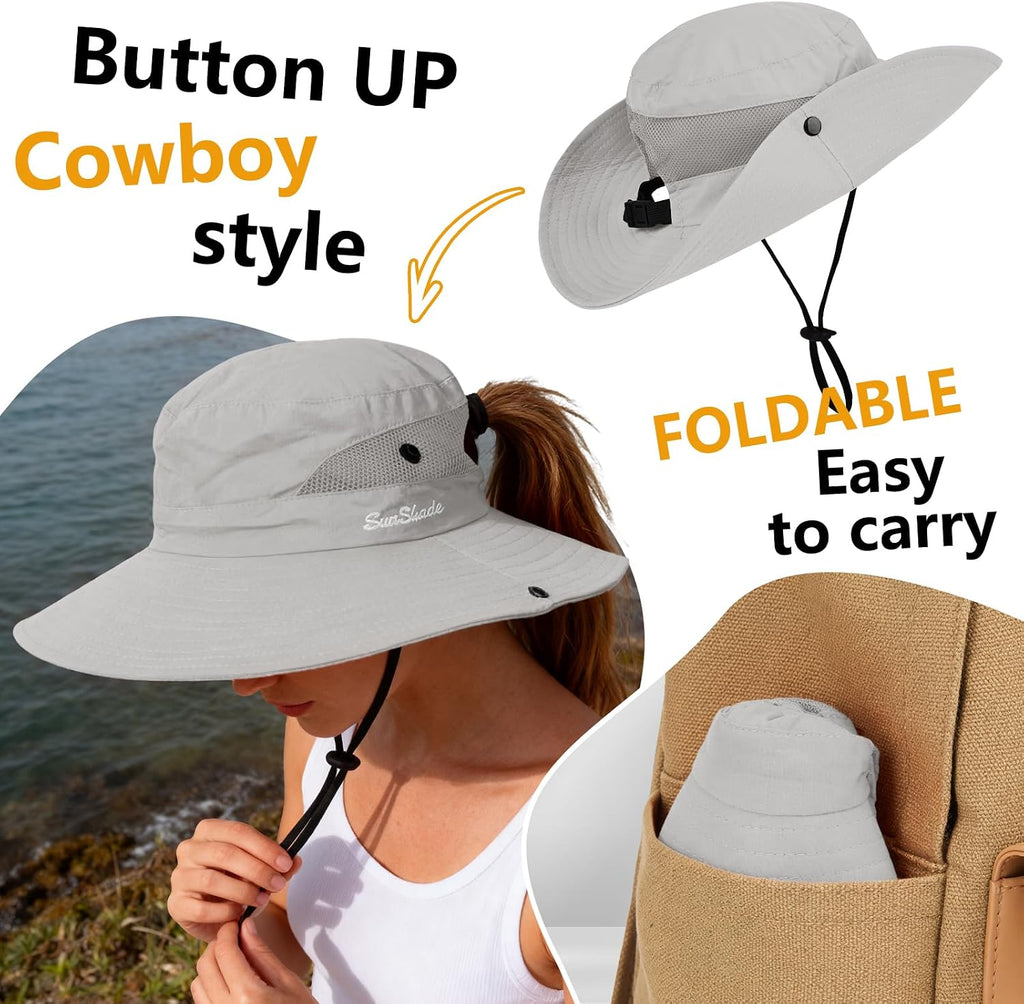 ZOORON Women's Ponytail Safari Sun Hat,Wide Brim UV Protection Bucket Hat