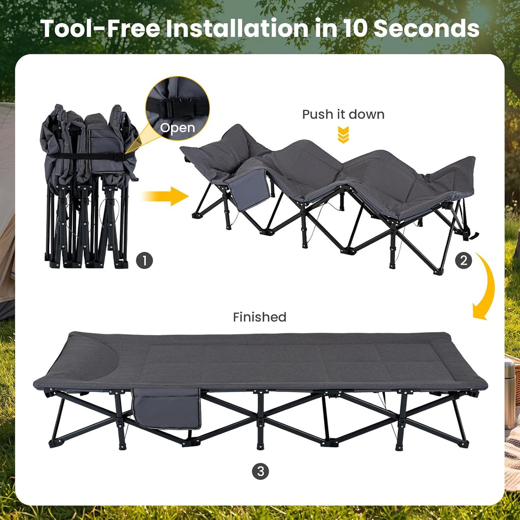 Goplus Camping Cot with Padded Pillow, Carry Bag, Max Load 600 lbs, Grey