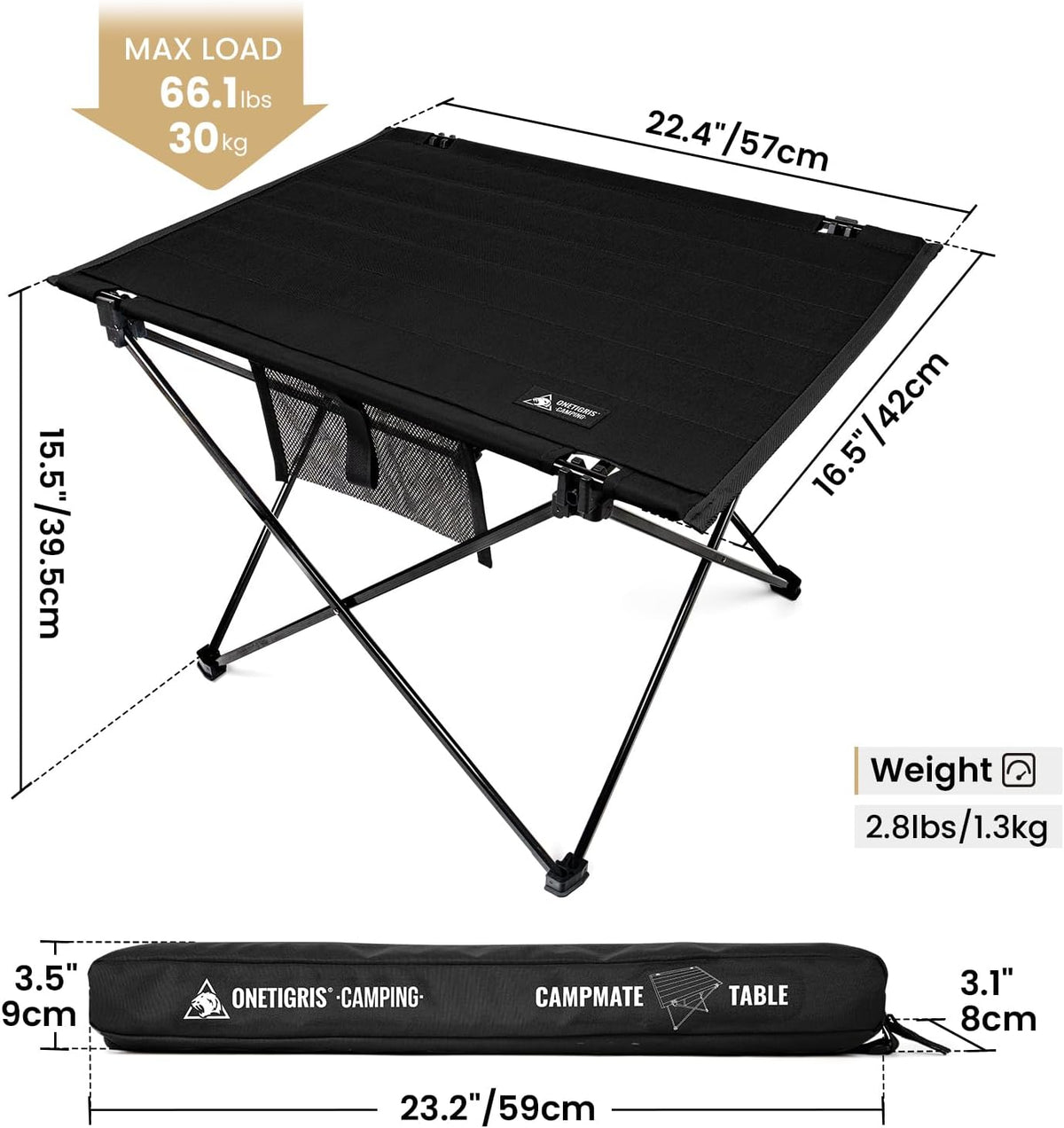 ONETIGRIS Foldable Camping Table, Lightweight Portable Table Sturdy & Quick Setup, Holds Up to 66 lbs, Perfect for Camping, Hiking, Backpacking, Picnic, Beach, Travel