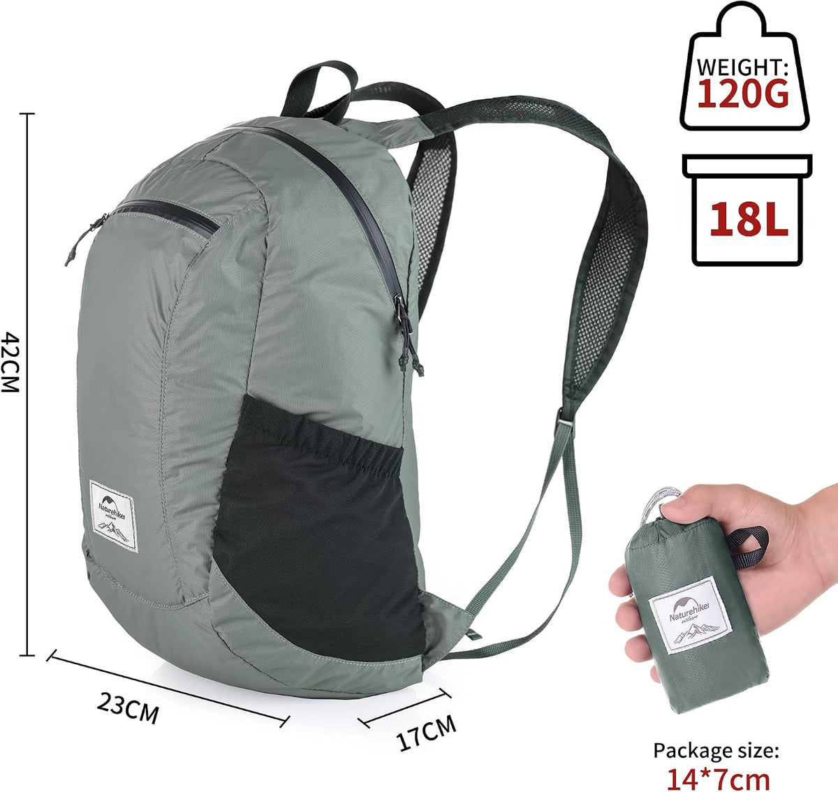 Naturehike 18L Lightweight Hiking Backpack, Waterproof Camping Packable Backpack Ultralight for Travel, Airplane, Small Hiking Daypack for Adults, Grey
