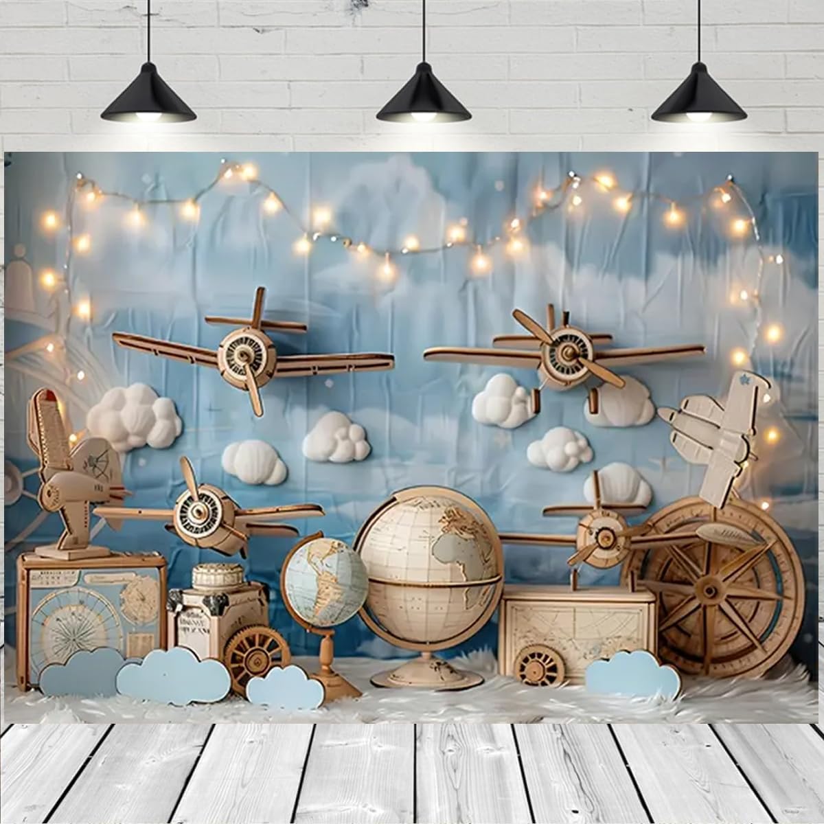 Vintage Airplane World Map Photography Backdrop Blue Sky Cloud Globe Compass Travel Adventure Background for Newborn Baby Boy Shower 1st Birthday Cake Smash Photo Studio Props (7X5FT)