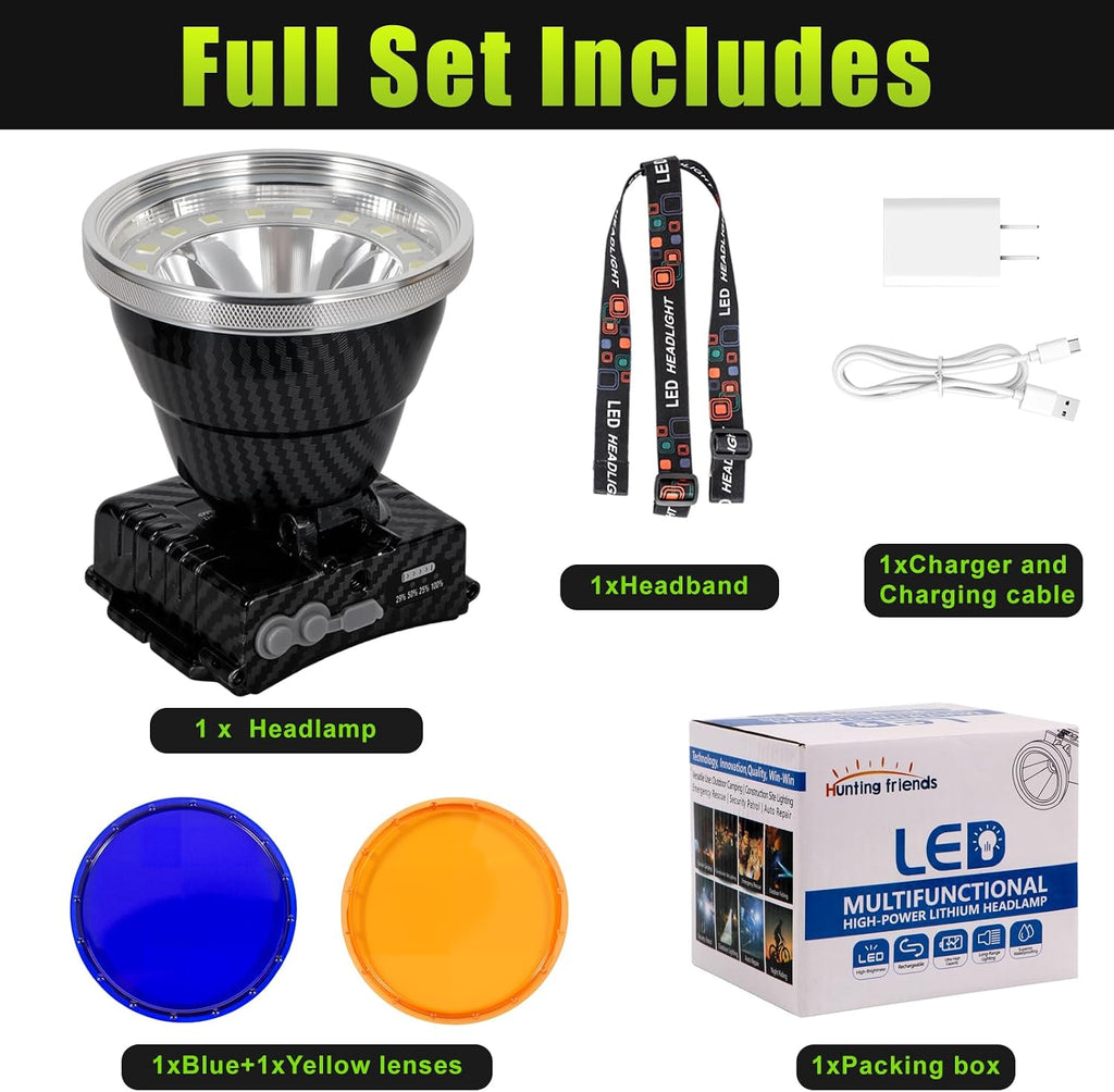 Rechargeable LED Headlamp with Flood and Spot Beam, Power Display, 5 Lighting Modes, Yellow/Blue Filter Lens, High Lumen Outdoor Waterproof Head Torch for Fishing, Hunting, Hiking, Outdoor