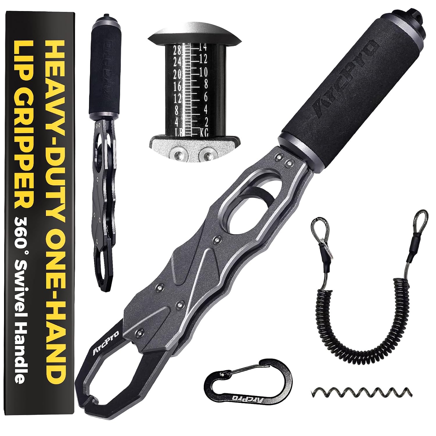 2-in-1 Fish Lip Gripper, One-Finger Operation Aluminum Alloy Fish Gripper with Scale, 60lb Weighing Fish Grabber for Large Fish, 360° Swivel Handle, Corrosion-Resistant for Saltwater & Freshwater