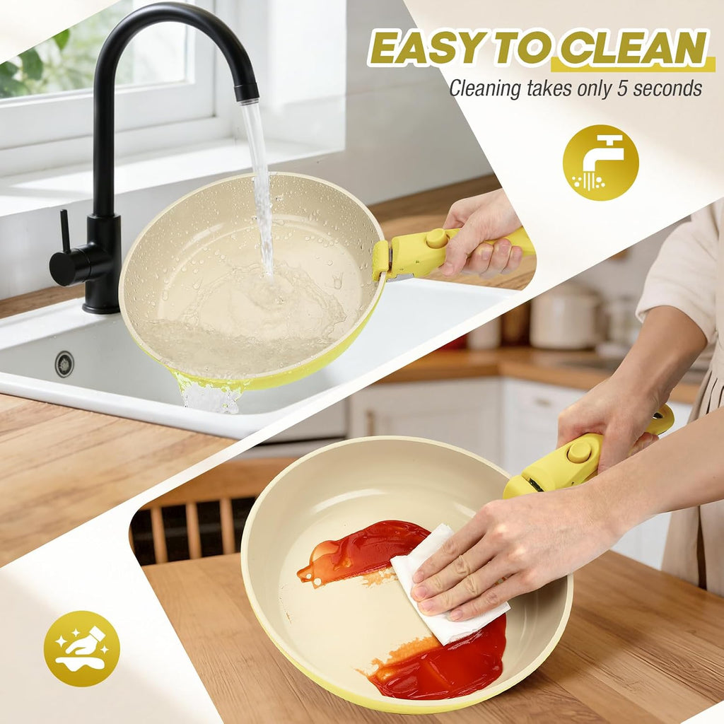 21 Pcs pots and Pans Set, Ceramic Nonstick Cookware Set Detachable Handle, Induction Kitchen Cooking Utensil Set with Removable Handle, Non Stick RV Pans Set, Dishwasher ＆ Oven Safe (yellow)