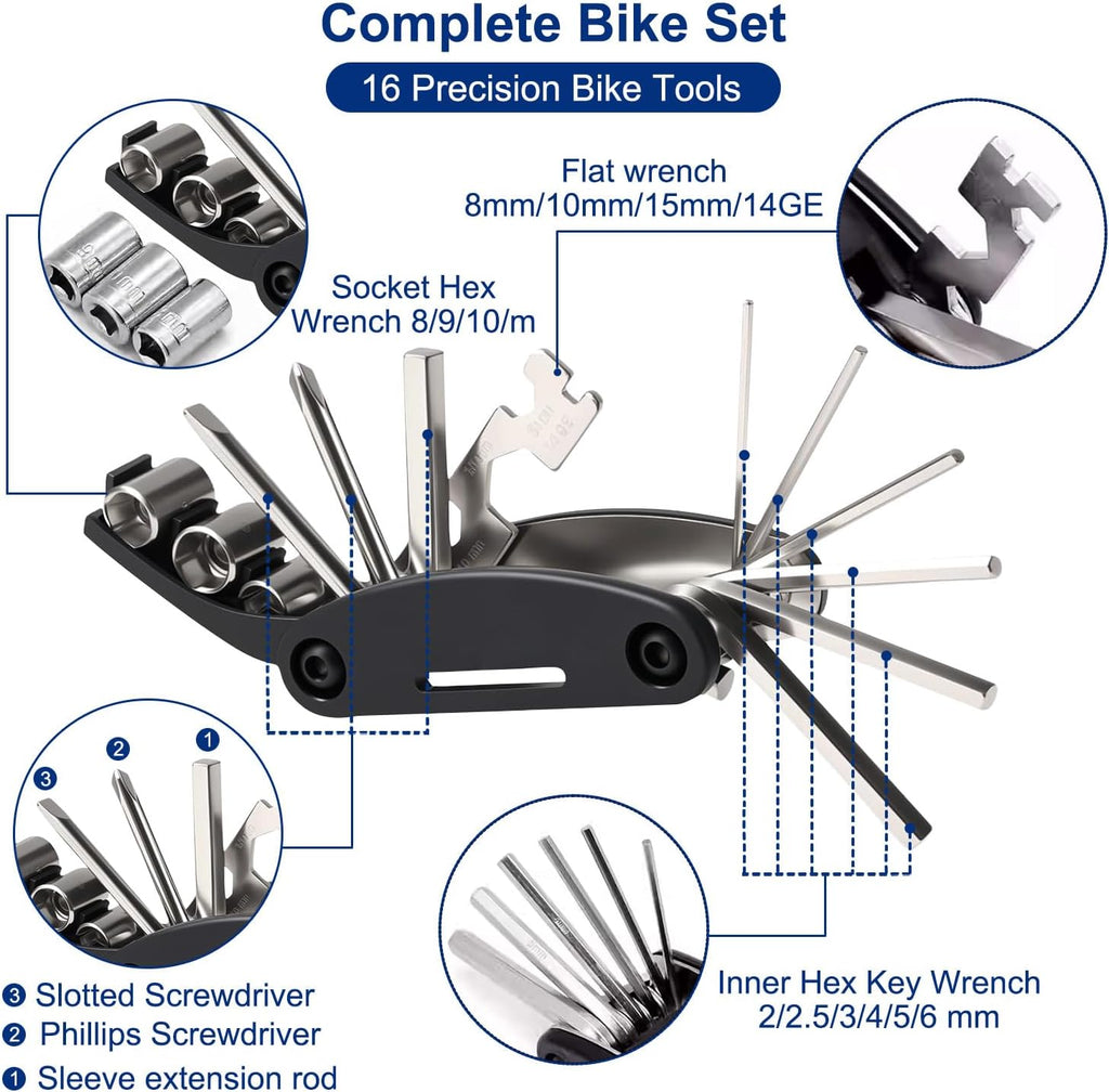 2L Bike Frame Storage Bag with Water Resistant Reflective ,Bike Tire Repair Tool Kit,Mini Bike Pump,16 in 1 Multitool & Bicycle Tyre Lever Patch Repair Tool Accessories Set for Mountain Road Bike, MTB