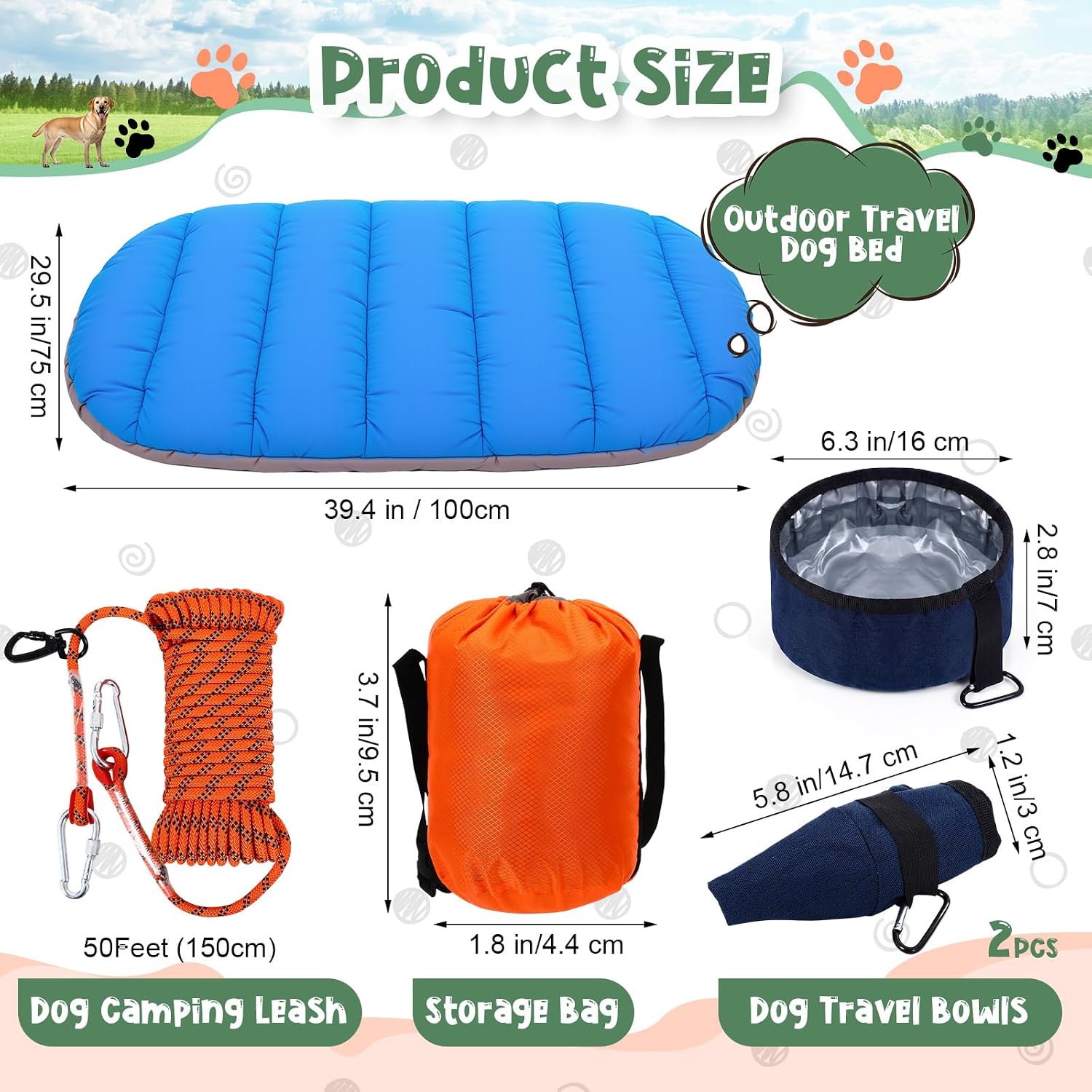 4 Pcs Dog Camping Essentials Set Include 1 Pack 39.4 x 29.5 Inch Foldable Dog Bed 2 Pcs Portable Collapsible Dogs Bowls 1 Pack 50 ft Heavy Duty Pet Tie Out Cable for Camping Travel Outdoor Activities