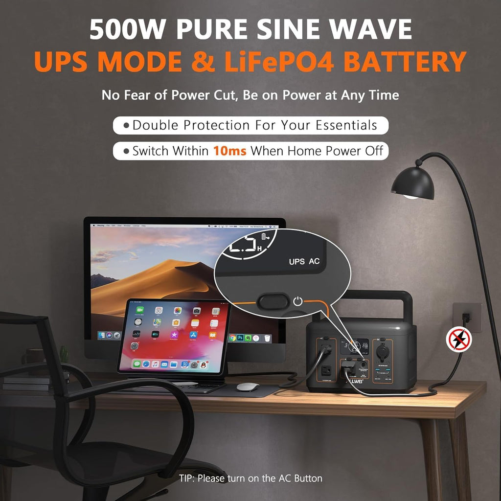 ALLWEI Portable Power Station 500W, 512Wh LiFePO4 Battery UPS Backup Power