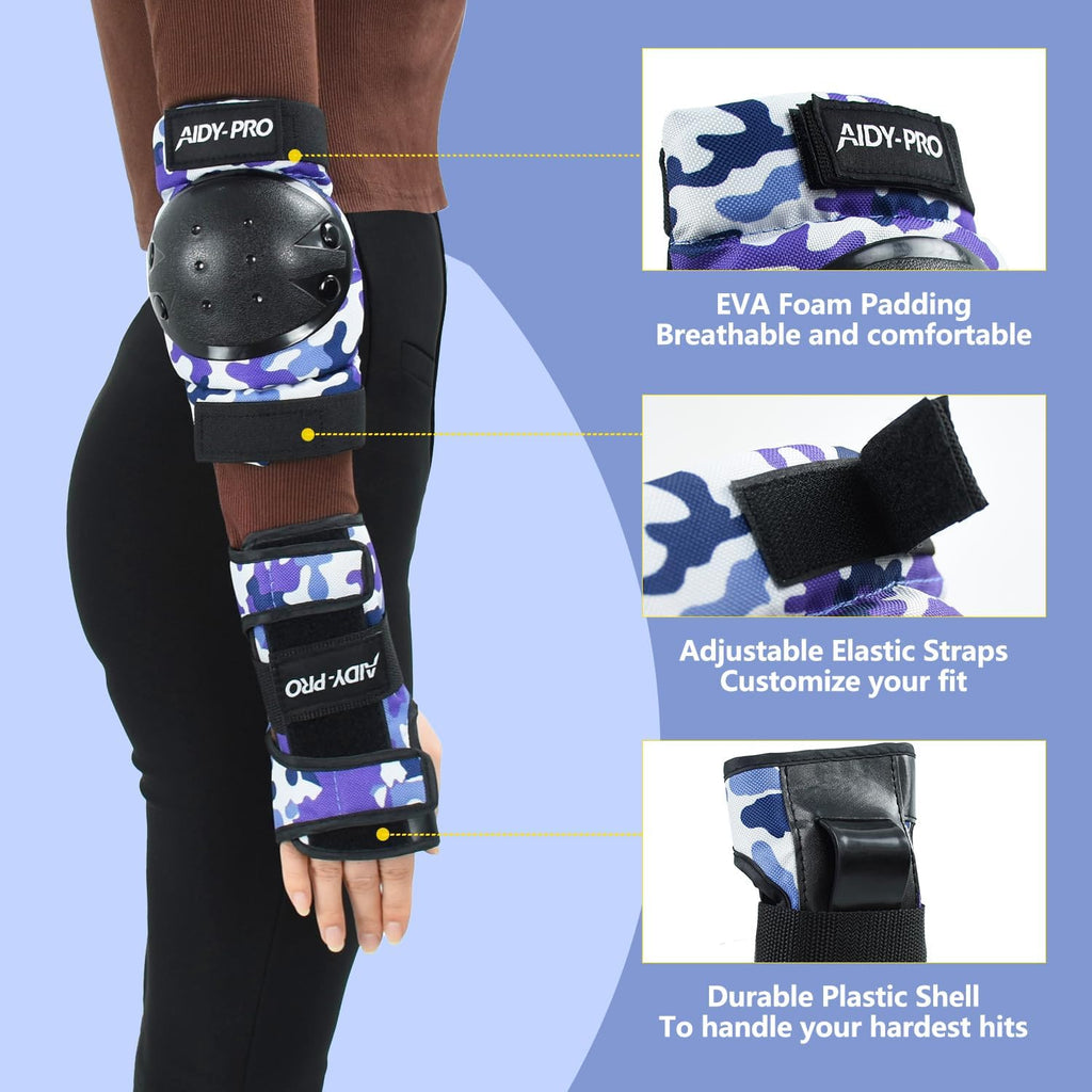 AIDY-PRO Adult/Youth/Kids Knee Pads and Elbow Pads Set Skateboard Protective Gear, 6 in 1 Knee Guards Kids Wrist Guards for Roller Skating Skateboarding Biking