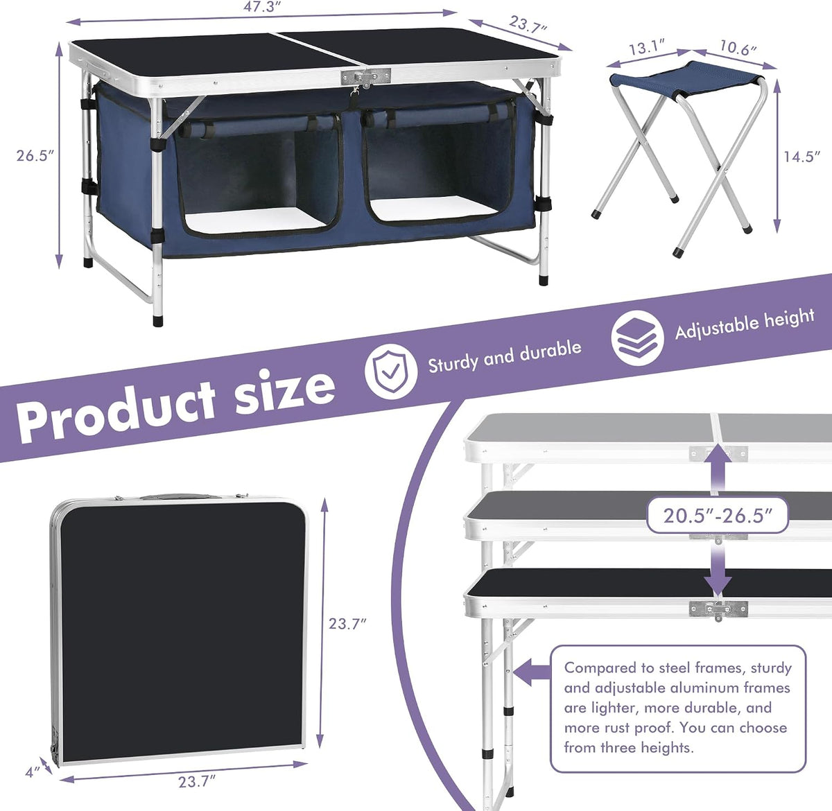 Camp Field Camping Folding Aluminum Table with Adjustable Legs for Outdoor Travel Beach, Backyards, BBQ, Party and Picnic Foldable Table