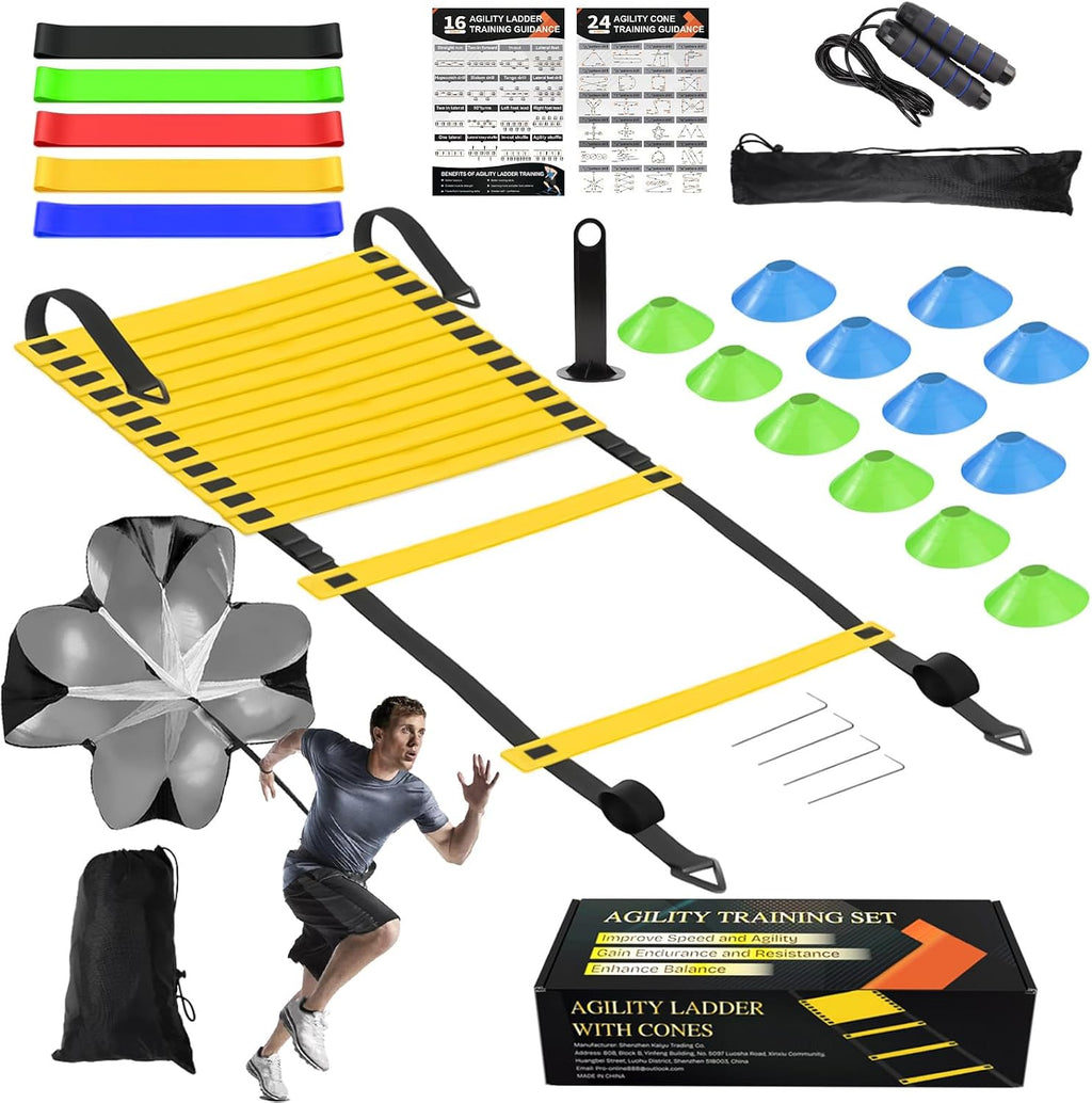 Speed Agility Training Equipment Set, Agility Ladder 20ft, 12 Football Cones, Resistance Parachute/Soccer Kick Trainer, Jump Rope, 5 Resistance Bands, Football Practice Equipment for Kids Adults