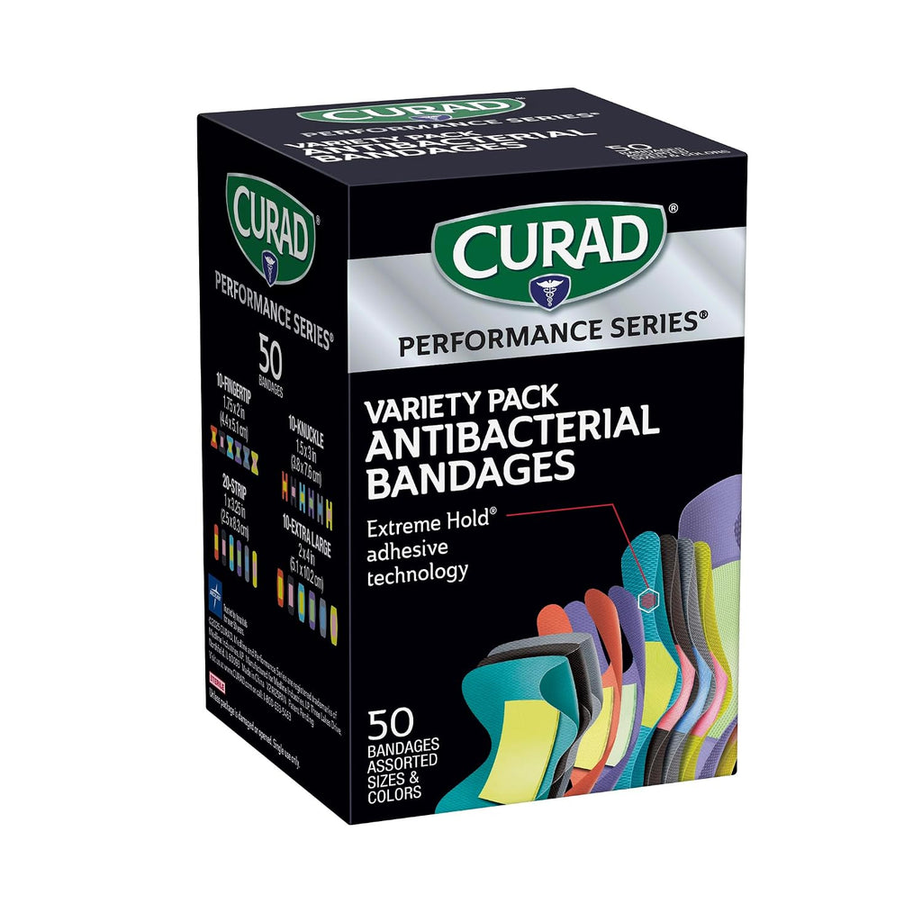 CURAD Performance Series Antibacterial Bandages, Extreme Hold Adhesive Technology, Finger & Knuckle Bandages, Flexible Fabric, Variety Pack with Assorted Sizes & Colors, 50 Count