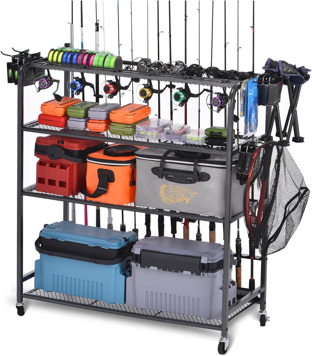 Heavy Duty Fishing Rod Rack, Fishing Organizer for Garage, Fishing Gear Holder for Garage with Movable Wheels