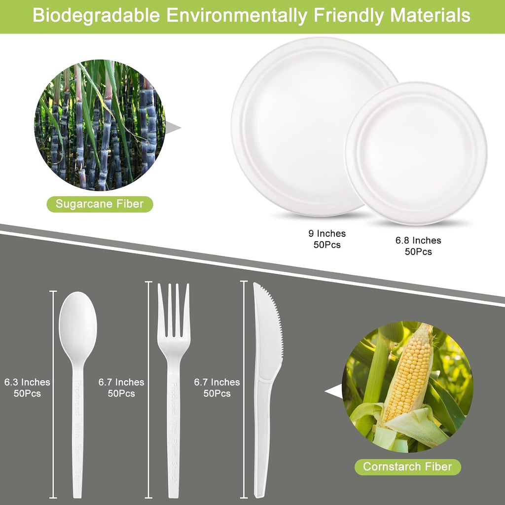 Unves 250 Pcs Compostable Paper Plates Set with Extra Long Utensils, White