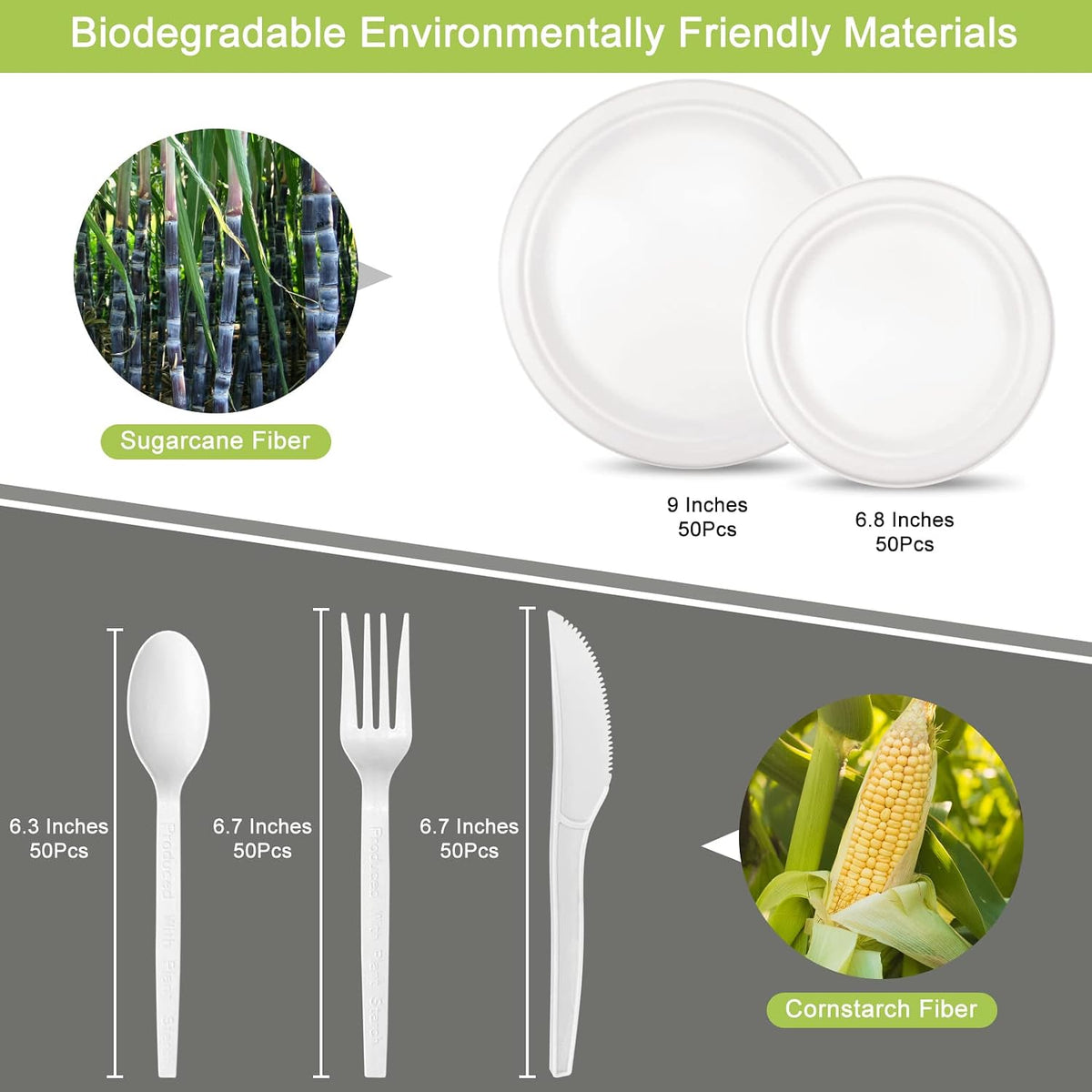 Unves 250 Pcs Compostable Paper Plates Set with Extra Long Utensils, White