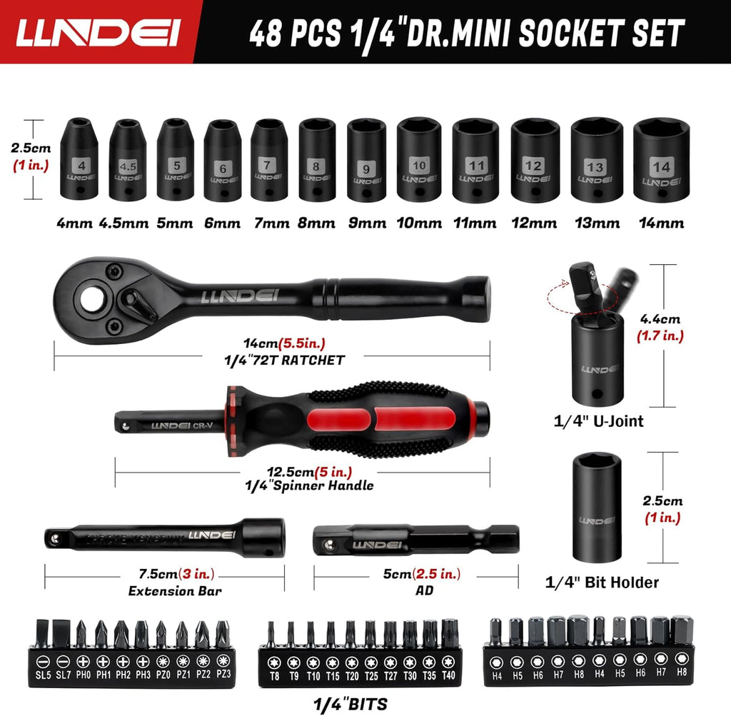 LLNDEI 48 Piece 1/4" Mini Socket Ratchet Wrench Set, Metric Shallow(4-14mm)