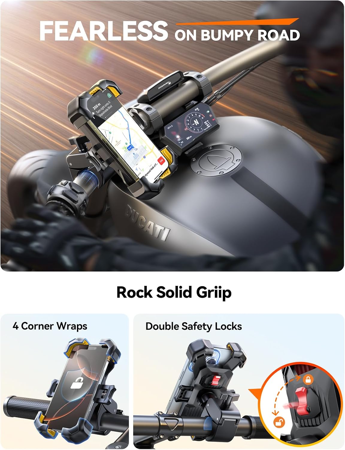 JOYROOM Motorcycle Phone Mount, [1s Auto Lock][100mph Military Anti-Shake] Bike Phone Holder for Bicycle, [10s Quick Install] Handlebar Phone Mount, Compatible with iPhone, Samsung, All Phone, Yellow