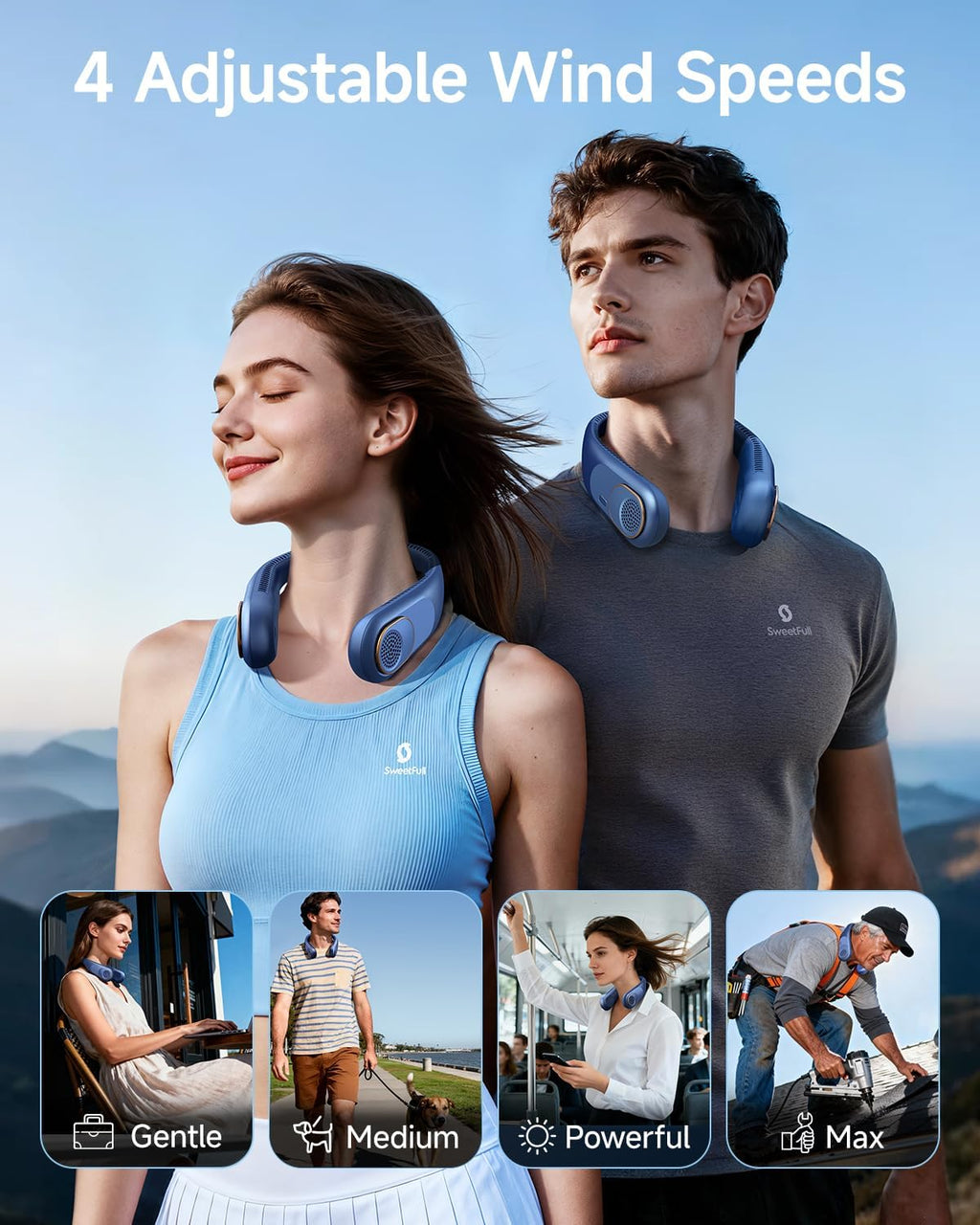 SWEETFULL Portable Neck Fan: 5200mAh Bladeless Personal Fan | 4 Speeds, 20H Max Runtime, No Hair Twist Quiet Wearable Fan for Travel | Birthday Gifts for Men Women Mom Dad