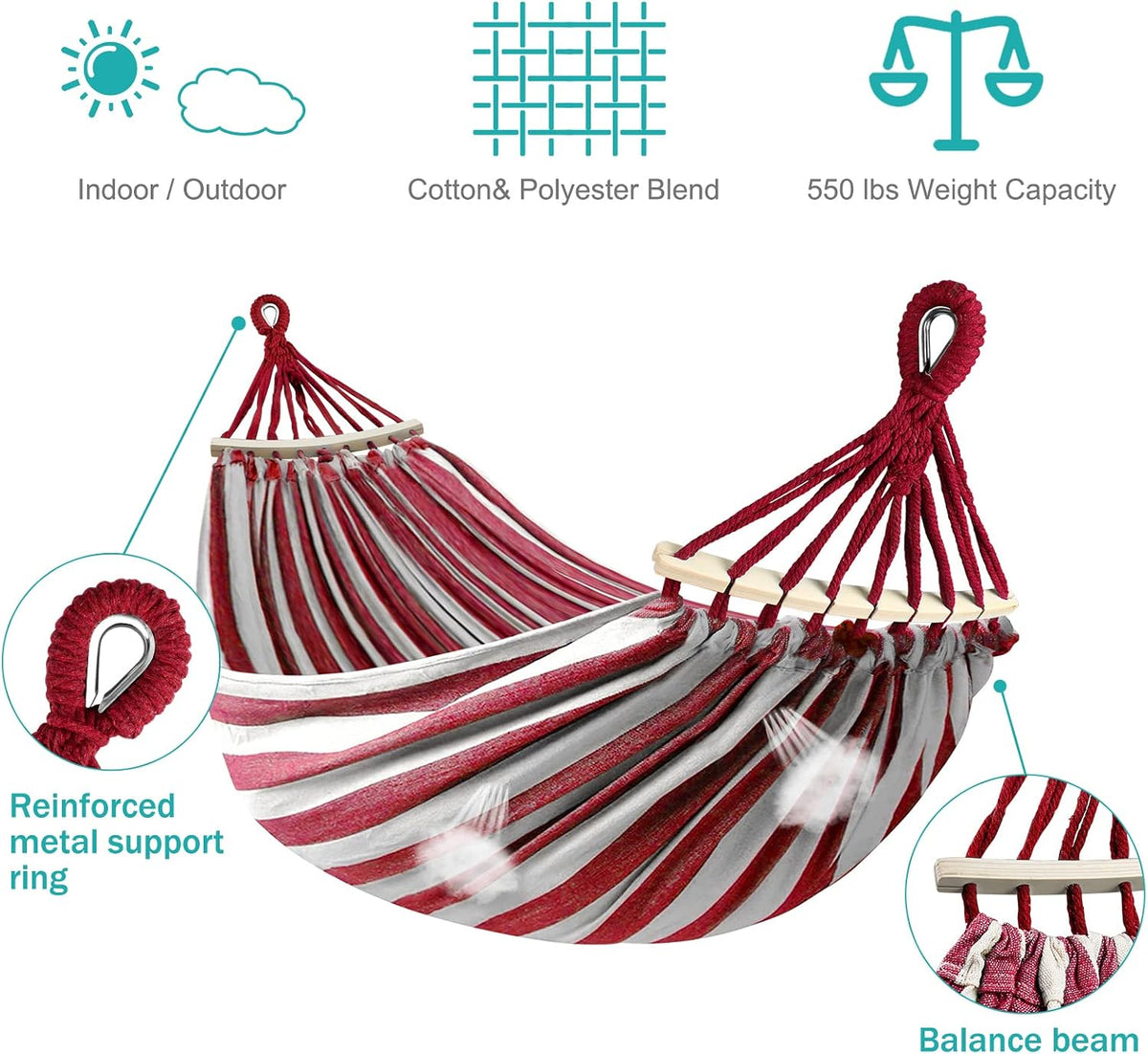 MOSFiATA Hammocks Portable Camping Hammock Upgraded 550lb Thickened Fabric Single Hammocks with Two Anti Roll Balance Beam and Tree Straps for Camping, Patio, Backyard, Outdoor(Red White)