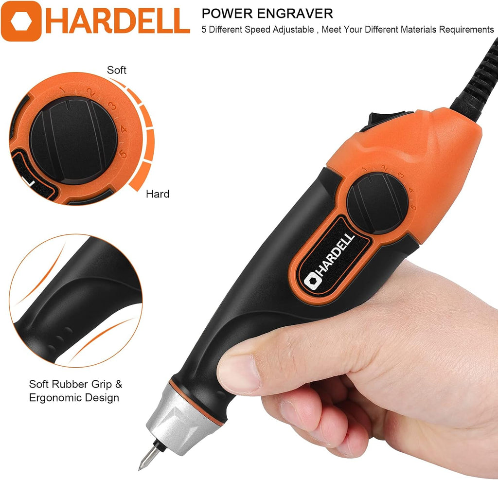 HARDELL 24W Engraving Pen, 5-Speed, Tungsten Carbide Bits, Soft Handle
