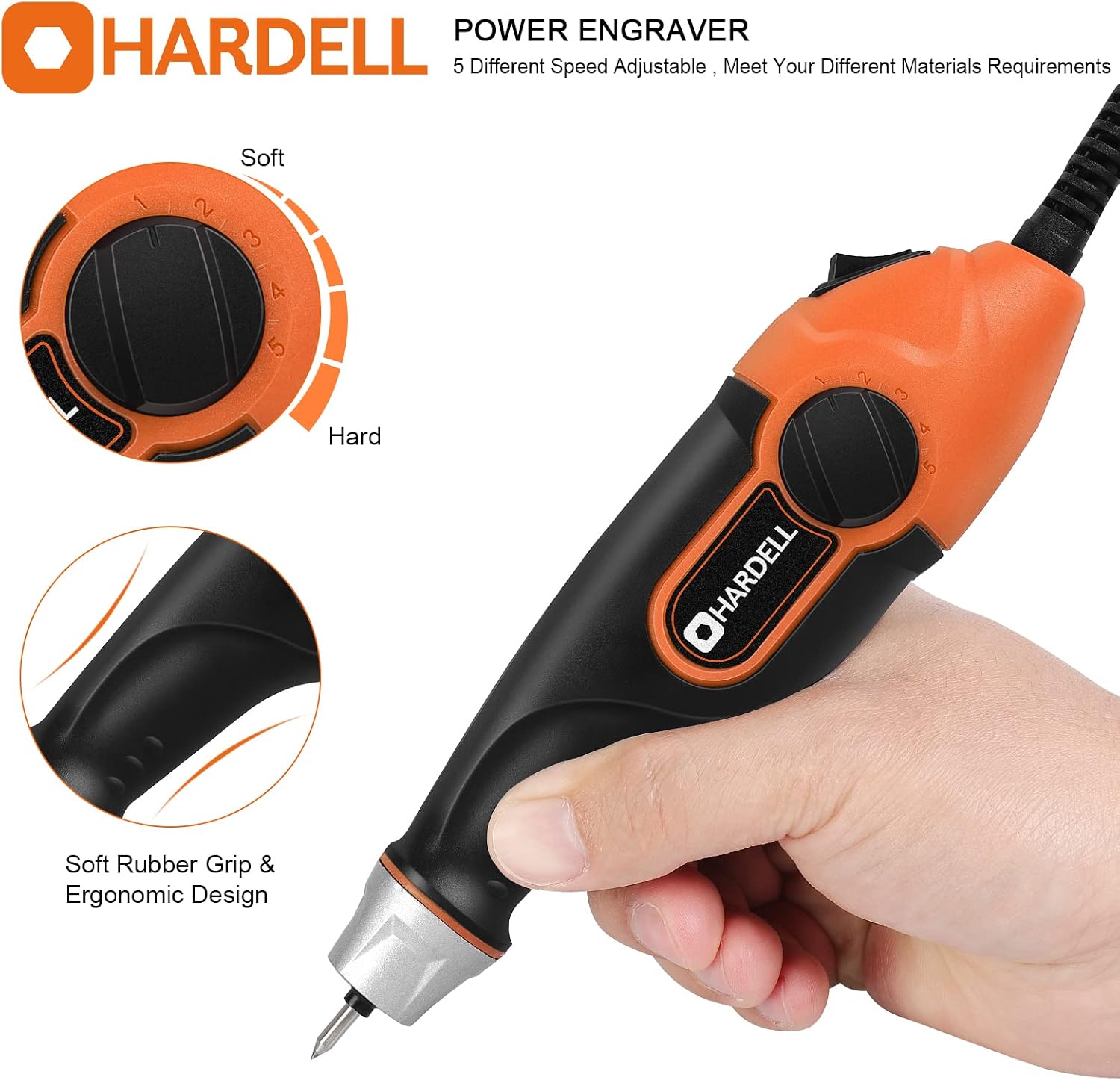 HARDELL 24W Engraving Pen, 5-Speed, Tungsten Carbide Bits, Soft Handle