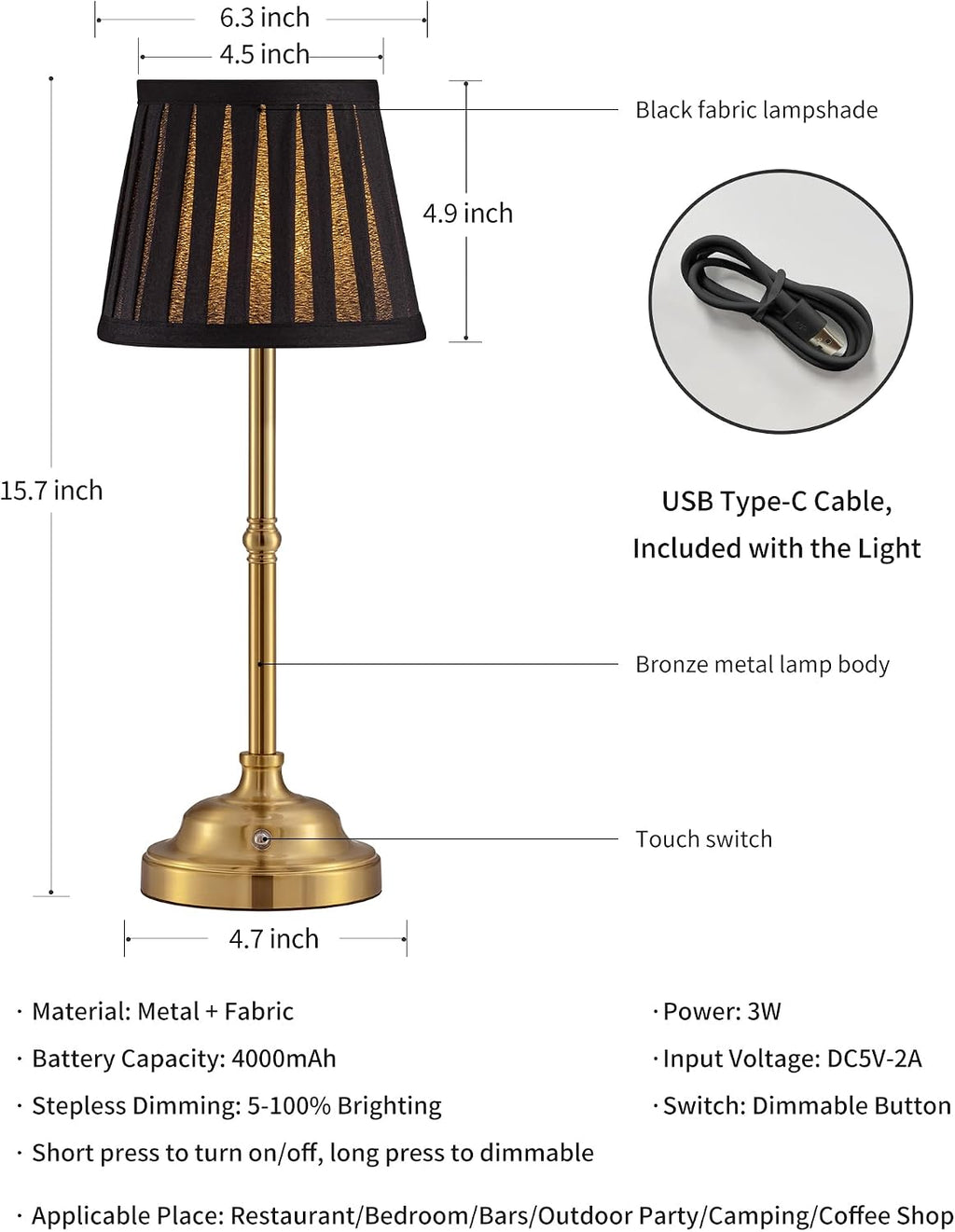 KDG Gold Cordless LED Table Lamps Set of 2, Black Fabric Shade Desk Lamps