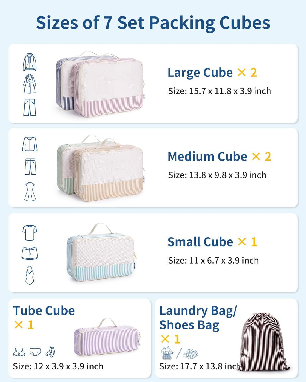 Narwey 7 Set Striped Packing Cubes for Travel, Luggage Organizer Bags, Durable Packing Organizers Bag for Travel Essentials Accessories (Stripe Combined)