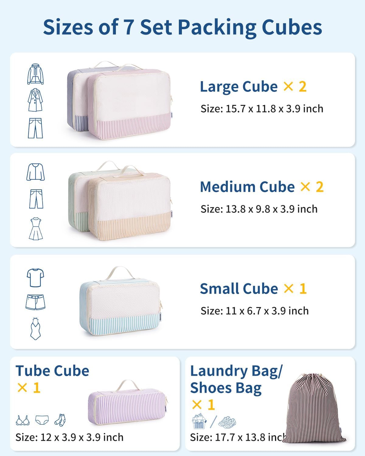 Narwey 7 Set Striped Packing Cubes for Travel, Luggage Organizer Bags, Durable Packing Organizers Bag for Travel Essentials Accessories (Stripe Combined)