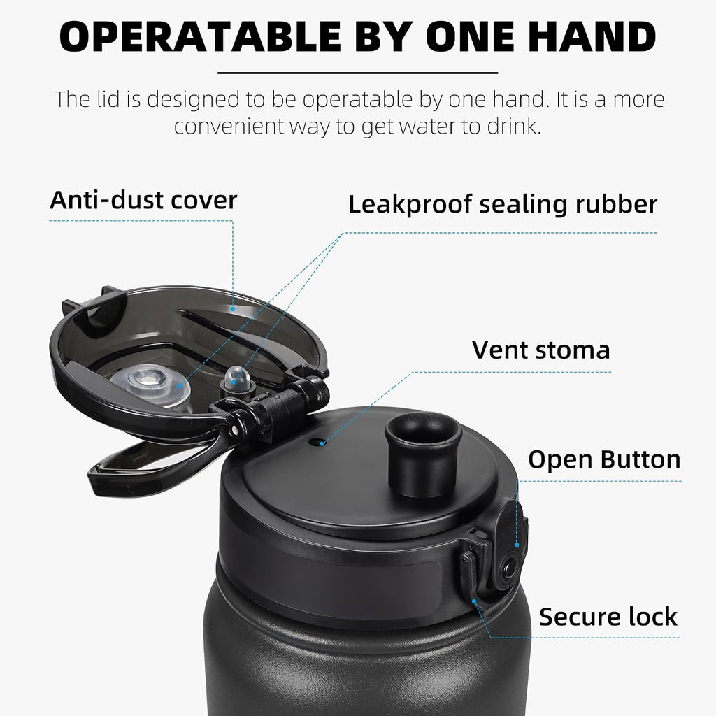 Fanhaw 20oz Insulated Water Bottle with Anti-dust Chug Lid, Black