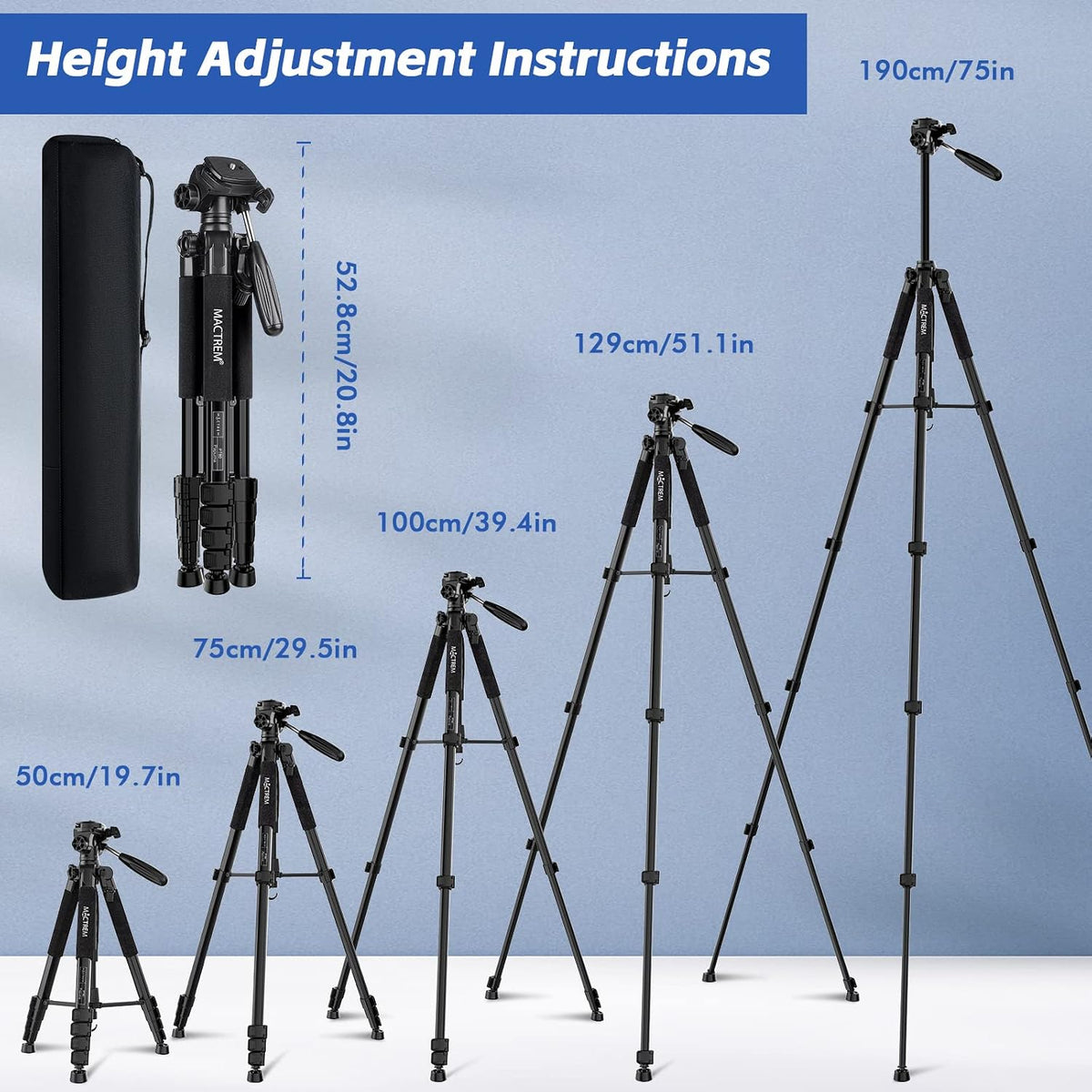 MACTREM 75in Aluminum Lightweight Travel Tripod for DSLR Camera Phone iPad