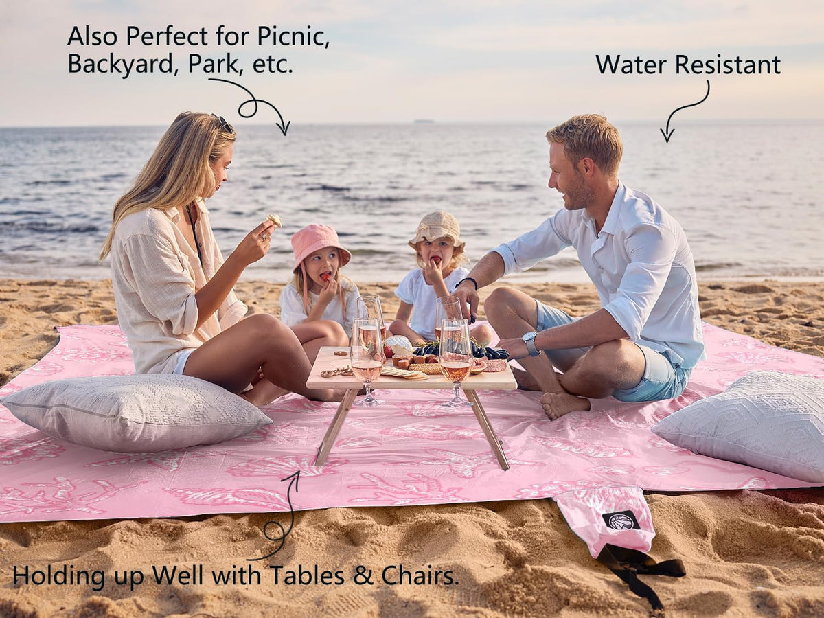 WEKAPO Beach Blanket Waterproof Sandproof Oversized, Extra Large Beach Mat Sand Free, Lightweight & Compact Sand Free Mat with 5 Stakes & 4 Corner Pockets