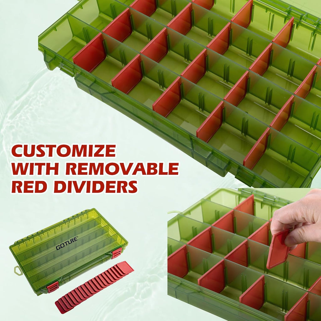 Goture Fishing Tackle Box Organizer - Transparent Fishing Organizer Box w/Measurement Ruler, Adjustable Dividers, Dual Latches | 2 Pcs 3700 Tackle Tray| Ergonomic Grip