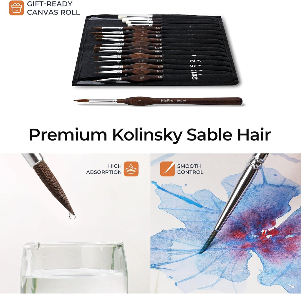 Nicpro 16 PCS Kolinsky Sable Miniature Paint Brushes Dry Brush