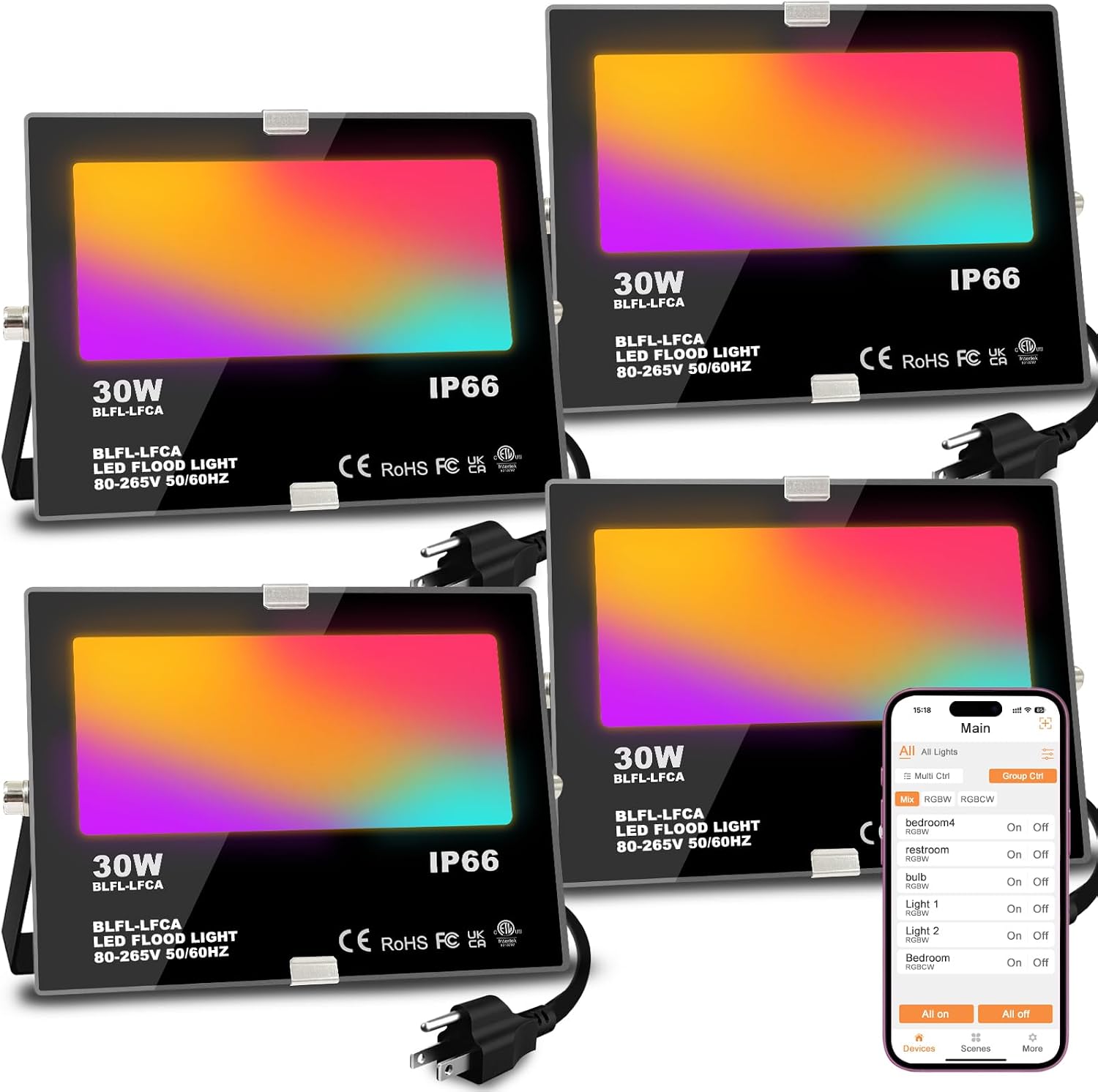 LED Flood Light Outdoor 30W, 300W Equivalent Smart RGB Landscape Lighting