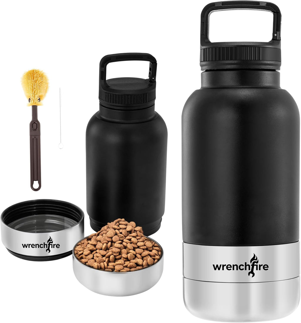 32 oz Instulated Stainless Steel Dog Water Bottle with 2 Detachable Bowls,Portable Cat Travel Dispenser with Brush for Walking Hiking Camping,White