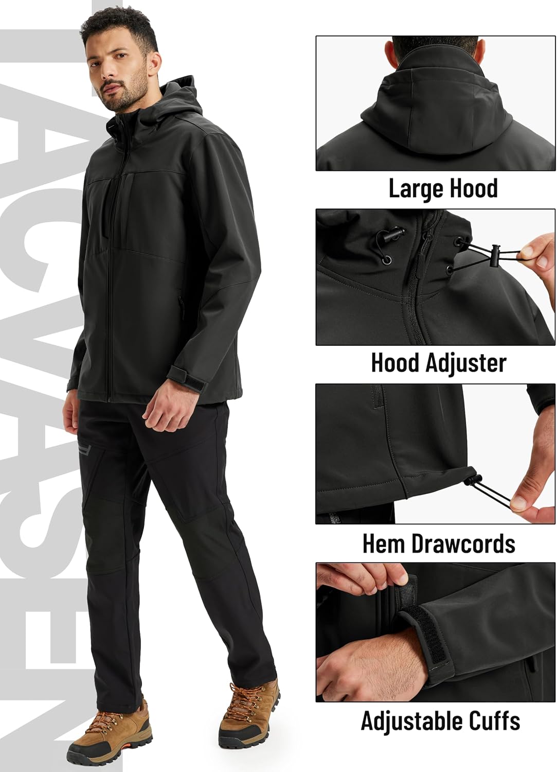 TACVASEN Men's Hooded Softshell Waterproof Fleece Lined Lightweight Jackets