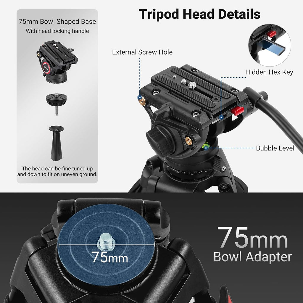 NEEWER 74" Video Tripod with Fluid Head, QR Plate , Aluminum Heavy Duty Camera Tripod Professional for DSLR Cameras Camcorders, Max Load 17.6lb/8kg, TP74