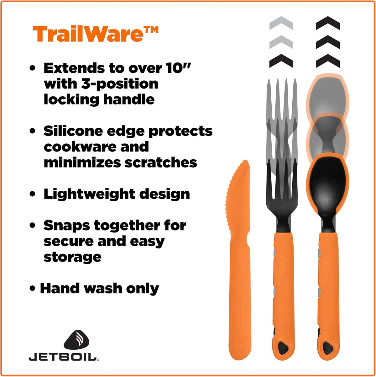 Jetboil TrailWare Backpacking and Camping Utensil Set, Extendable Fork, Knife and Spoon
