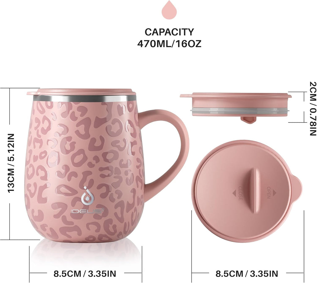 Ideus 16 oz Insulated Coffee Mug with Lid and Handle (Leopard Pink)