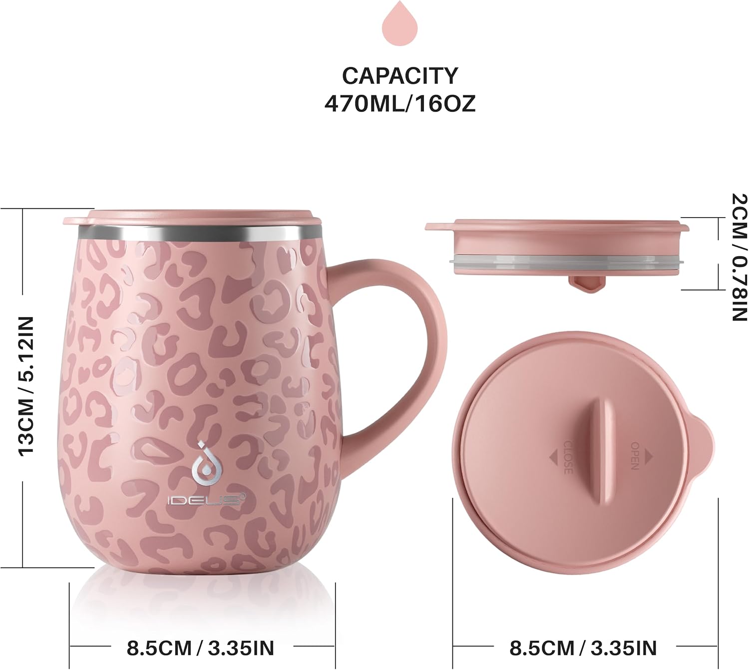 Ideus 16 oz Insulated Coffee Mug with Lid and Handle (Leopard Pink)