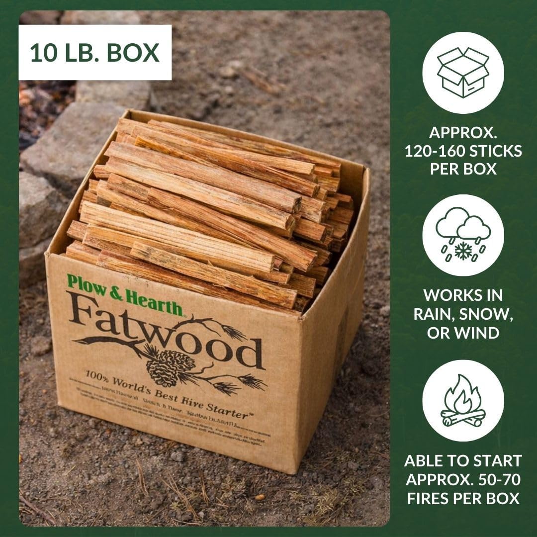 Plow & Hearth 10 LBS Fatwood Fire Starter Sticks Organic Kindling, Easy Ignition Fat Wood, All Natural Firestarters for Fire Pit, Wood Stoves, Fireplaces, Campfires, Bonfires, BBQ