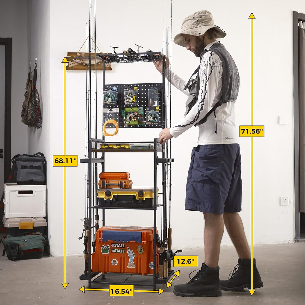 SOYEEZE Fishing Rod Holders for Garage,Fishing Gear Holder for Fishing Rod Tackle Box Storage，Fishing Pole Holders for 12 Rods with Hooks and Pegboard,Fishing Stand with Reel Rack, Standard Size