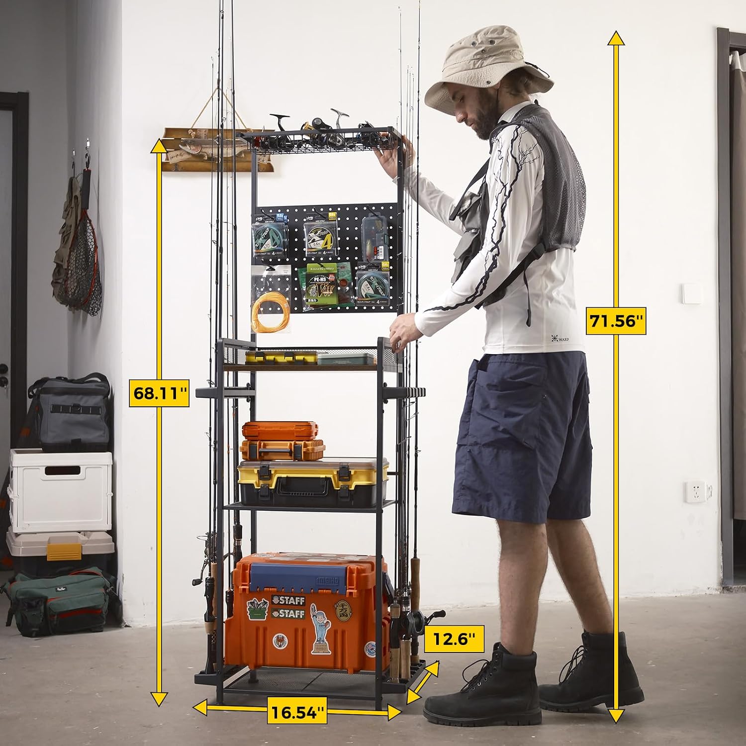 SOYEEZE Fishing Rod Holders for Garage,Fishing Gear Holder for Fishing Rod Tackle Box Storage，Fishing Pole Holders for 12 Rods with Hooks and Pegboard,Fishing Stand with Reel Rack, Standard Size
