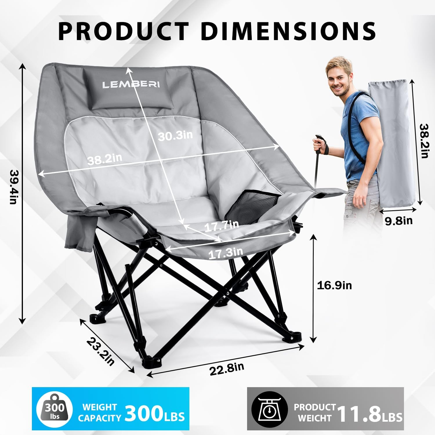 PRETZI Outdoor Oversized Camping Chair, Heavy Duty Support 500 LBS for Adults, Portable Folding Wide Lawn Chair with Headrest Support and Cup Holder, Low Camping Chair for Fishing, Garden, Grey