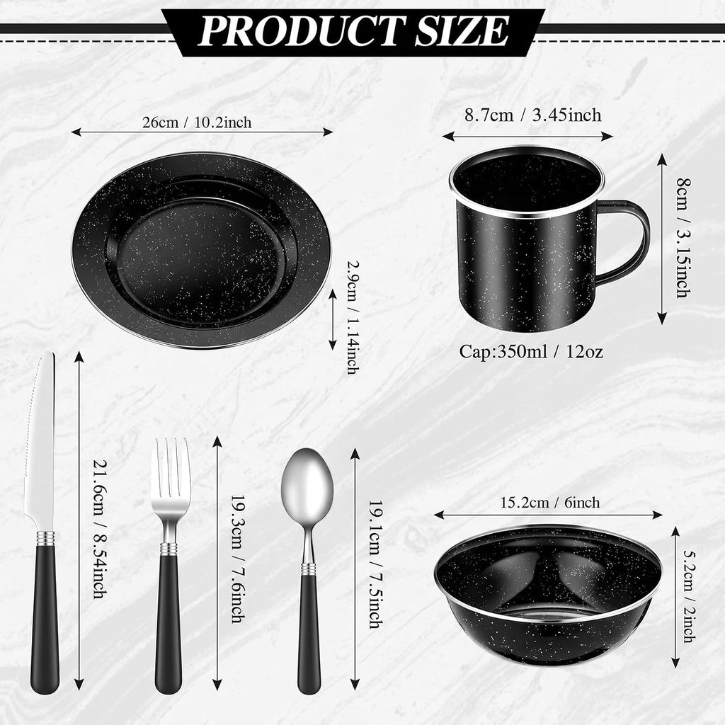 Nuogo 24 Pcs Camping Dinnerware Enamel Mugs Plates Bowls Utensils, Black