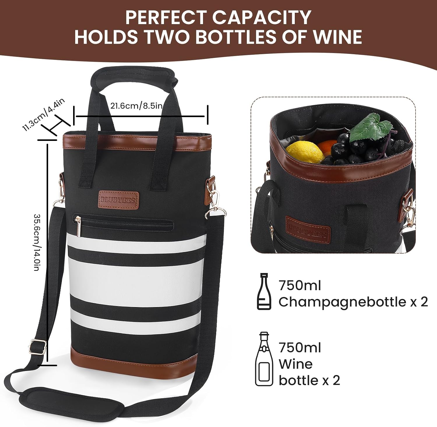 BLUBYEES 2-Bottle Insulated Wine Carrier Tote - Leakproof Padded 900D Oxford Cooler Bag for Travel, Picnics, Beach & Parties