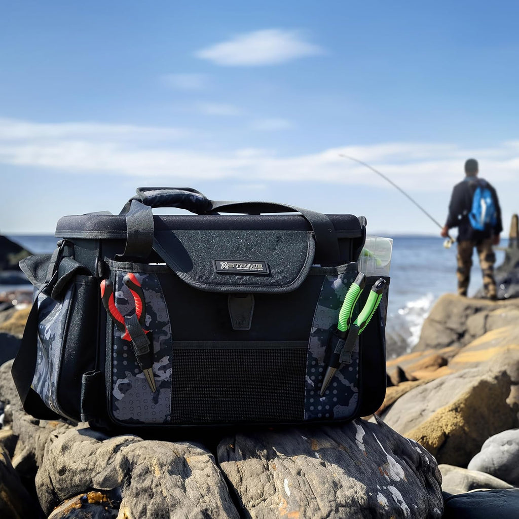 X-Strike Fishing Tackle Bag, Fishing Box Bag with 7 3700 Tackle Boxes Extra Large Fishing Gear Storage Bag Water-Resistant Tackle Bags Padded Shoulder Strap for Saltwater Icefishing Freshwater Camping