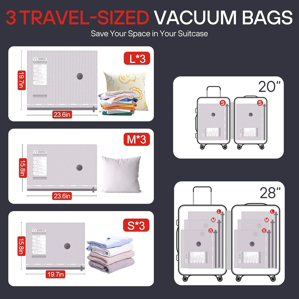VMstr 9-Pack Vacuum Seal Bags for Clothing Travel, Carry-on Size for Luggage Compression Packing, Space Bags with High Pressure Electric Pump (DC Power)
