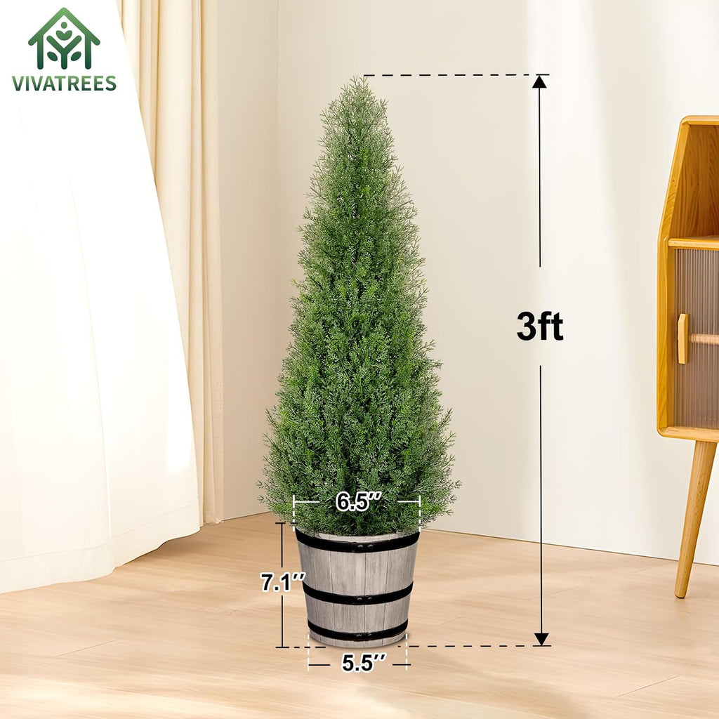 VIVATREES 3FT Artificial Cedar Topiary Trees with Rustic Barrel Planter, Outdoor Indoor Realistic Faux Pine Shrubs Plants, Fake Cypress Trees for Home Offices Porch Decor, Set of 2