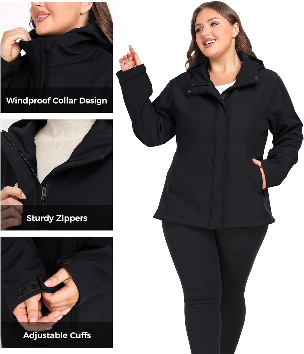 wantdo Women's Plus Size Softshell Jackets Hooded Fleece Lined Windbreaker